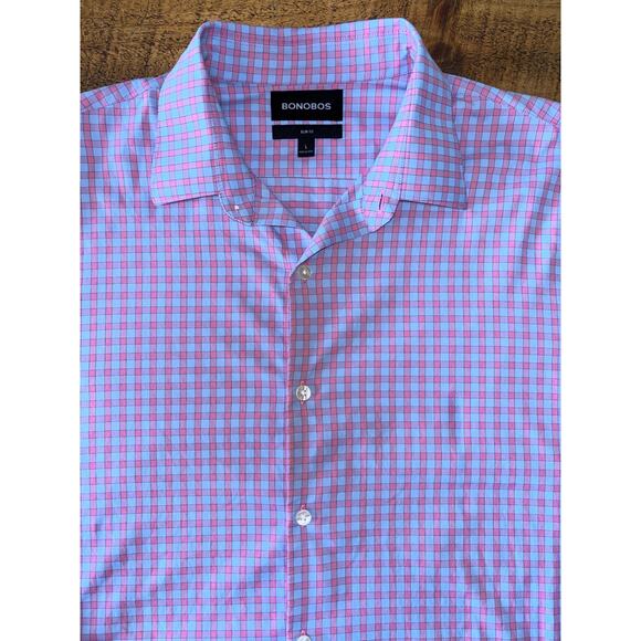 Mens Bonobos Purple Blue Pink Checkered Long Sleeve Slim Fit Button Down Shirt L - Picture 5 of 9